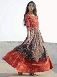 Deep Red Black Maroon Beige Hand Block Printed Long Cotton Dress - D150F1150