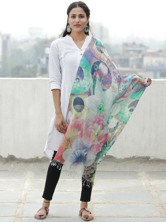 Ivory Multi Color Digital Print Modal Silk Wool Kashmiri Stole - S200611