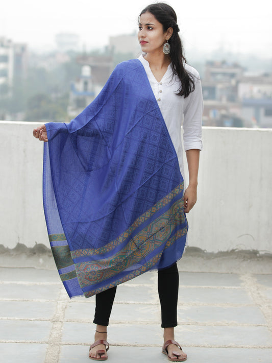 Royal Blue Green Self Weaved Silk Wool Kashmiri Stole - S200617