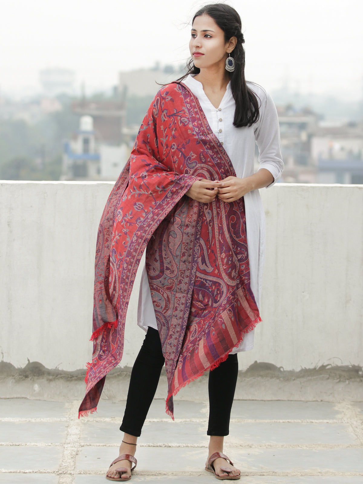Red Blue Kaani Weaved Modal Silk Wool Kashmiri Stole - S200621