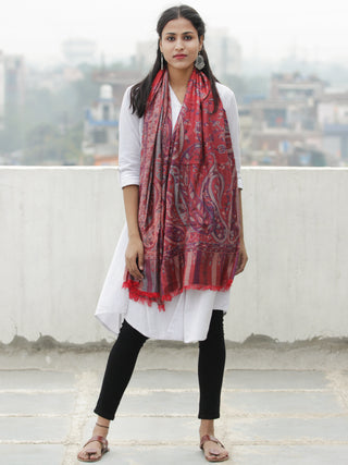 Red Blue Kaani Weaved Modal Silk Wool Kashmiri Stole - S200621