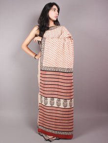 Beige Red Black Hand Block Bagru Printed Saree - S03170354