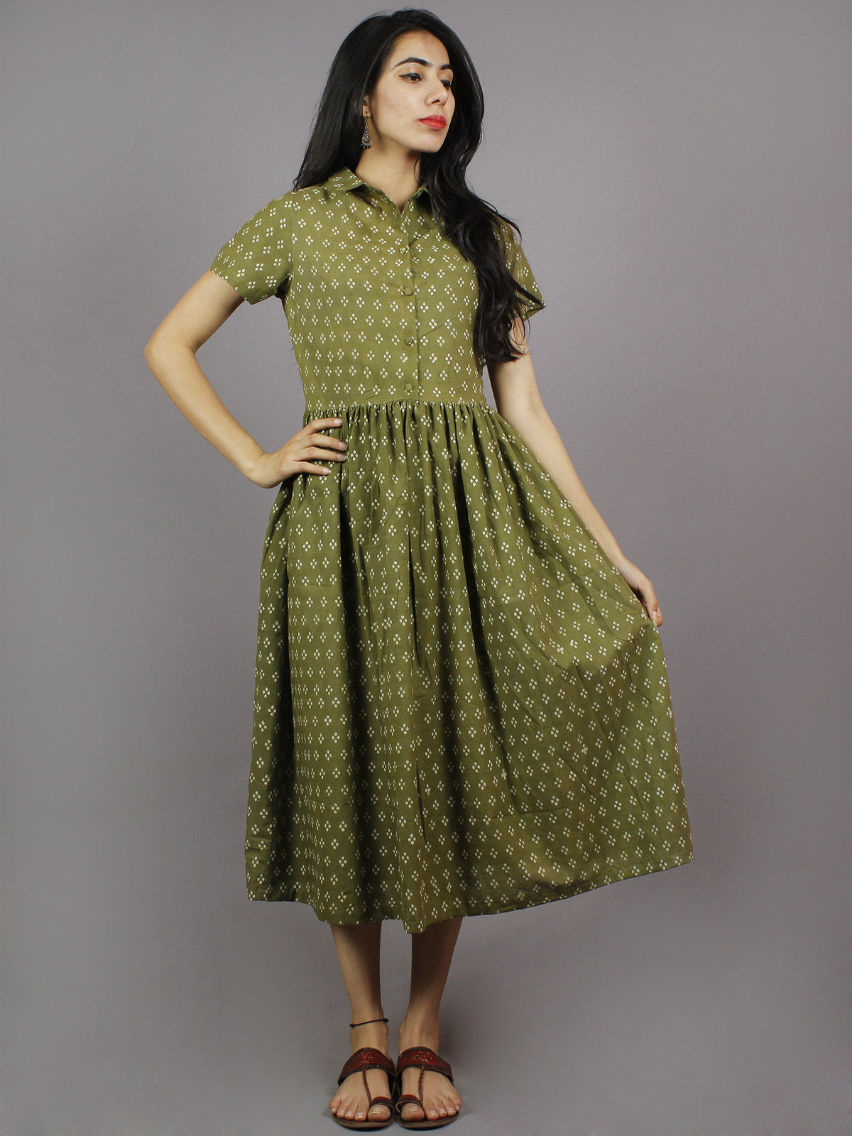 Olive Green Ivory Hand Block Cotton Dress With Gathers And Side Pockets - D4144501