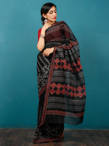 Black Grey Maroon Hand Block Printed Kota Doria Saree in Natural Colors - S031702822