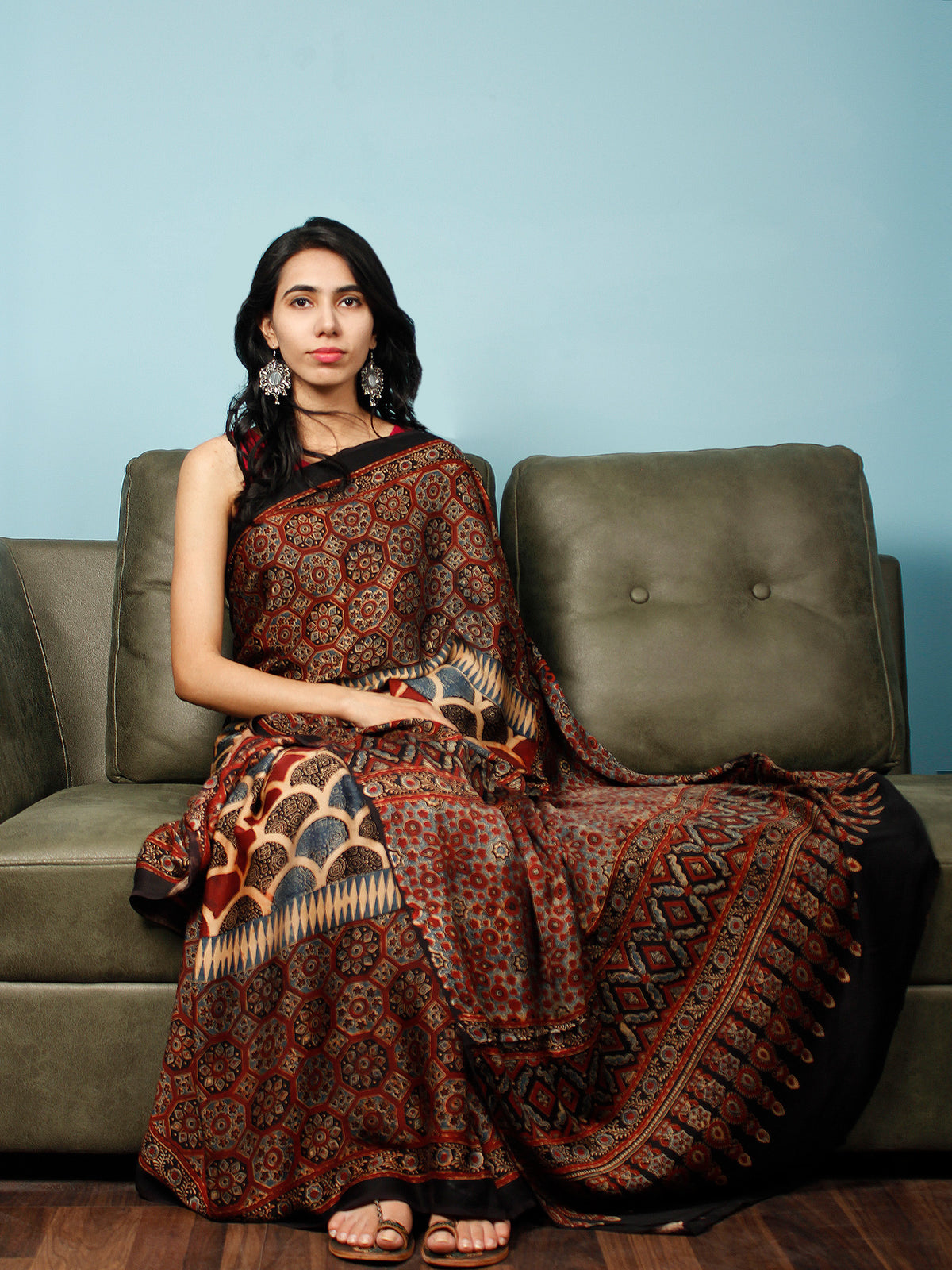 Maroon Beige Black Indigo Ajrakh Hand Block Printed Modal Silk Saree in Natural Colors - S031703345