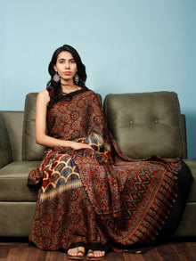 Maroon Beige Black Indigo Ajrakh Hand Block Printed Modal Silk Saree in Natural Colors - S031703345