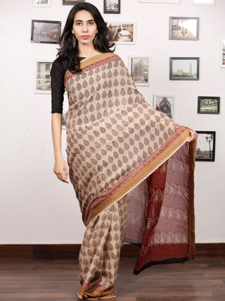 Beige Black Maroon Bagh Printed Maheshwari Cotton Saree - S031703304