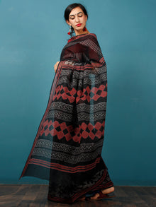 Black Grey Maroon Hand Block Printed Kota Doria Saree in Natural Colors - S031702822