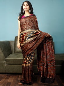 Maroon Beige Black Indigo Ajrakh Hand Block Printed Modal Silk Saree in Natural Colors - S031703345