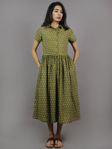 Olive Green Ivory Hand Block Cotton Dress With Gathers And Side Pockets - D4144501