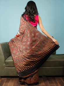 Maroon Beige Black Indigo Ajrakh Hand Block Printed Modal Silk Saree in Natural Colors - S031703345