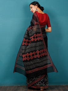 Black Grey Maroon Hand Block Printed Kota Doria Saree in Natural Colors - S031702822