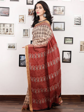 Beige Black Maroon Bagh Printed Maheshwari Cotton Saree - S031703304