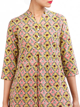 Pink Yellow Maroon Green Hand Block Printed Cotton Kurta With Stand Collar   - K171F1906