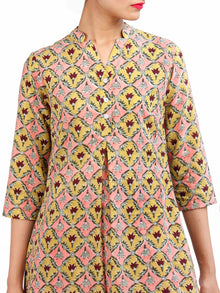 Pink Yellow Maroon Green Hand Block Printed Cotton Kurta With Stand Collar   - K171F1906