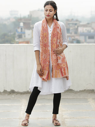 Ivory Red Yellow Kaani Jamawar Weaved Pure Cashmere Wool Stole - S200622