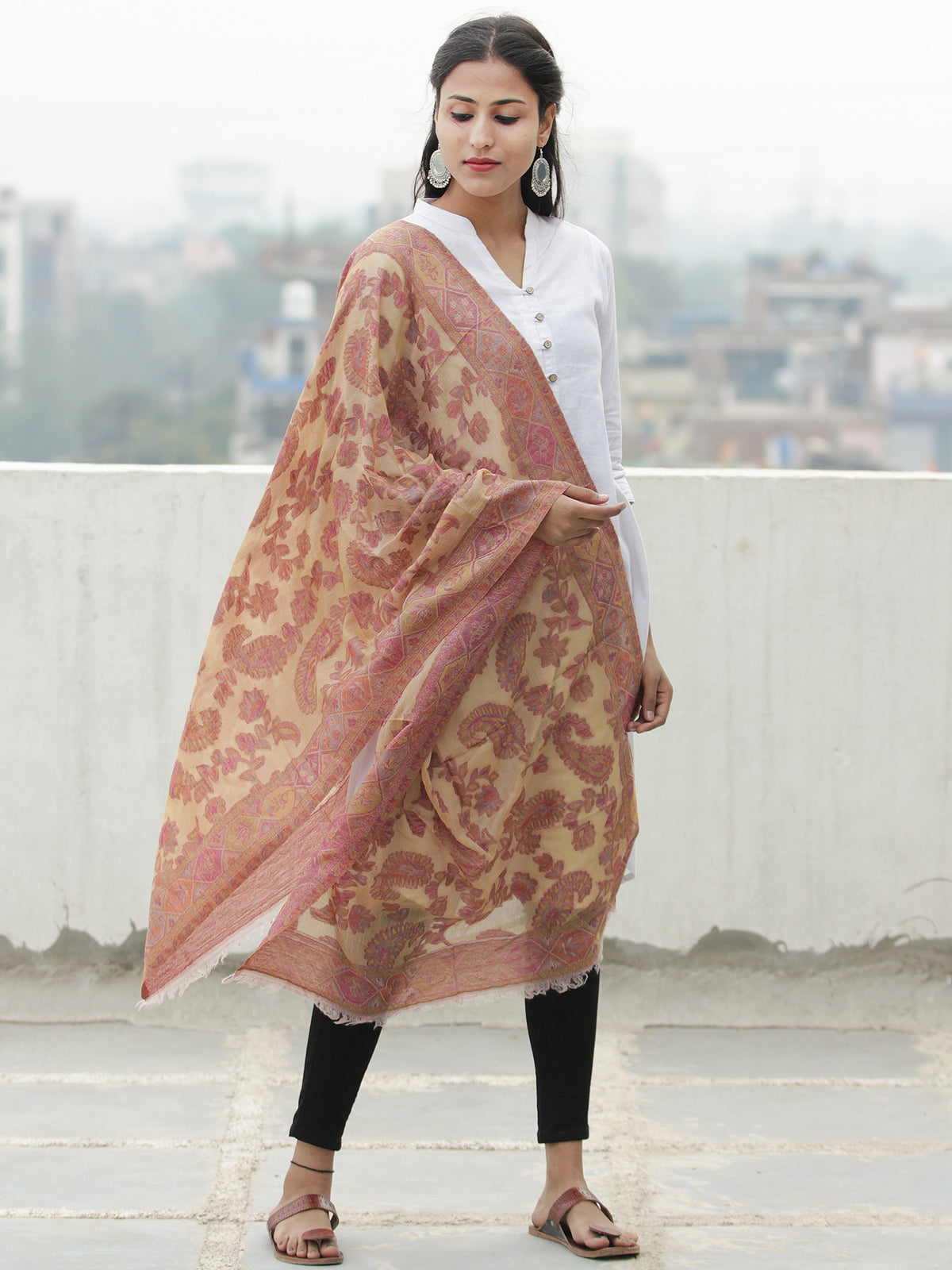 Ivory Pink Yellow Kaani Jamawar Weaved Pure Cashmere Wool Stole - S200623