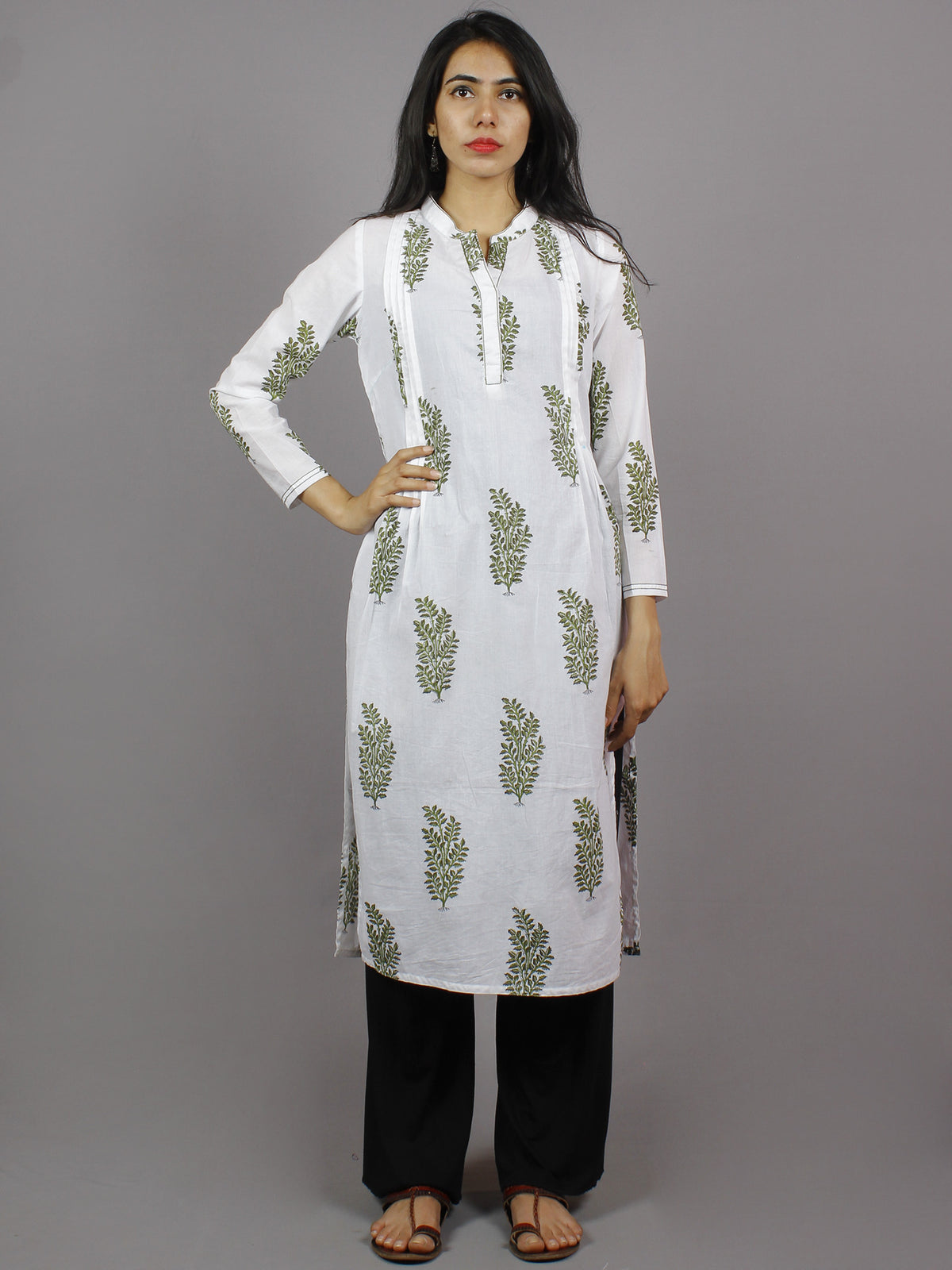 White Olive & Parrot Green Hand Block Printed Kurti With Stand Collar And Side Slit - K661901