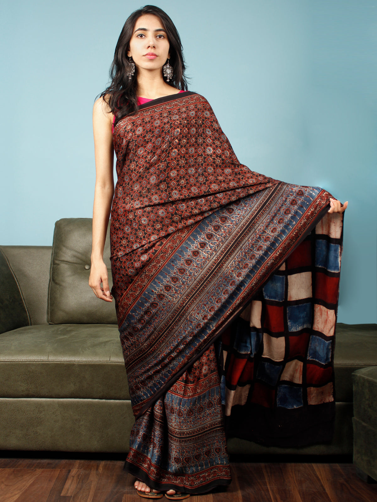 Black Maroon Beige Indigo Ajrakh Hand Block Printed Modal Silk Saree in Natural Colors - S031703346
