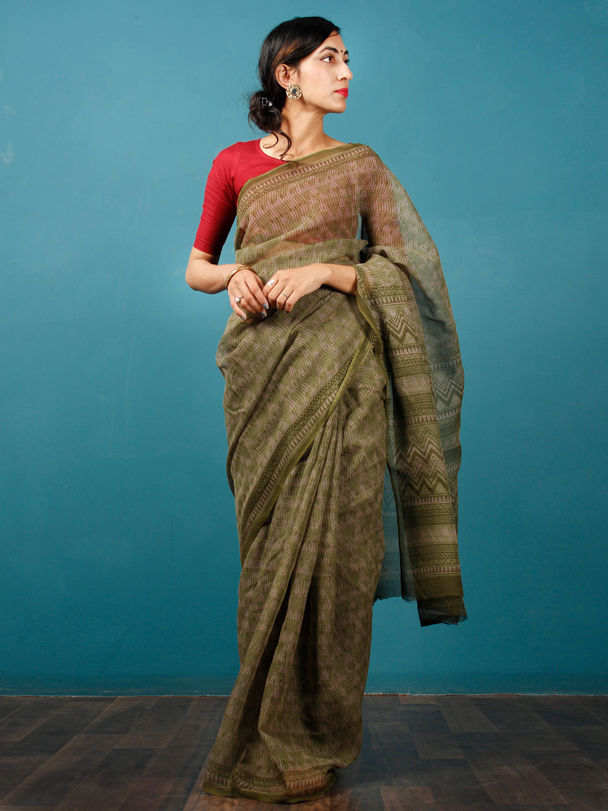 Green Beige Hand Block Printed Kota Doria Saree in Natural Colors - S031702823