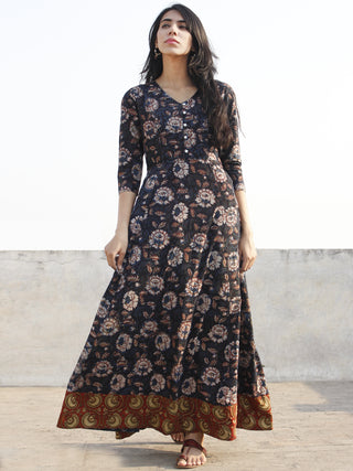 Black Indigo Rust Hand Block Printed Long  Tie-Up Back Waist Dress - D162F1140