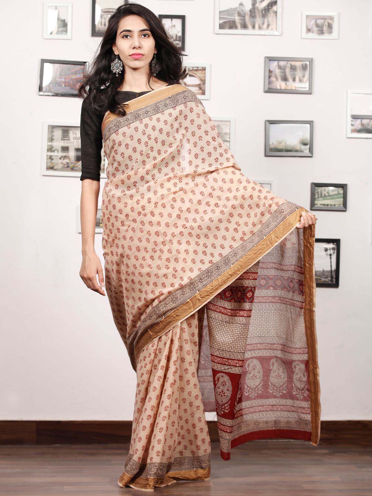 Beige Maroon Black Bagh Printed Maheshwari Cotton Saree - S031703305