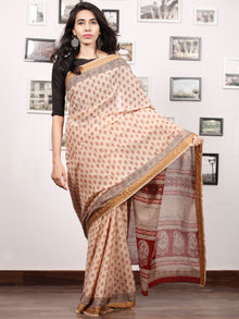 Beige Maroon Black Bagh Printed Maheshwari Cotton Saree - S031703305