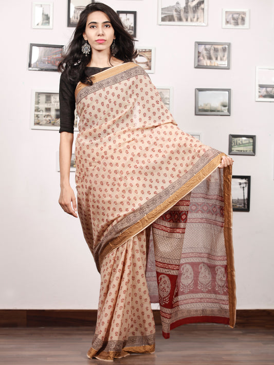 Beige Maroon Black Bagh Printed Maheshwari Cotton Saree - S031703305