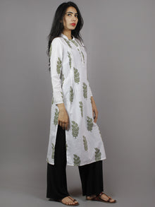White Olive & Parrot Green Hand Block Printed Kurti With Stand Collar And Side Slit - K661901