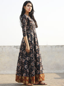 Black Indigo Rust Hand Block Printed Long  Tie-Up Back Waist Dress - D162F1140