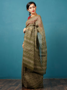 Green Beige Hand Block Printed Kota Doria Saree in Natural Colors - S031702823