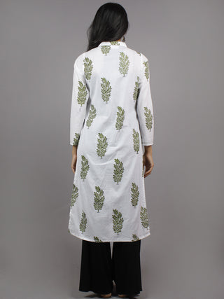 White Olive & Parrot Green Hand Block Printed Kurti With Stand Collar And Side Slit - K661901