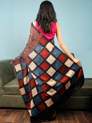 Black Maroon Beige Indigo Ajrakh Hand Block Printed Modal Silk Saree in Natural Colors - S031703346