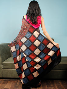 Black Maroon Beige Indigo Ajrakh Hand Block Printed Modal Silk Saree in Natural Colors - S031703346