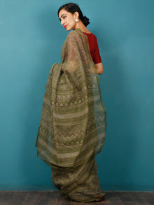 Green Beige Hand Block Printed Kota Doria Saree in Natural Colors - S031702823