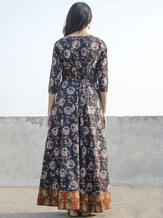 Black Indigo Rust Hand Block Printed Long  Tie-Up Back Waist Dress - D162F1140