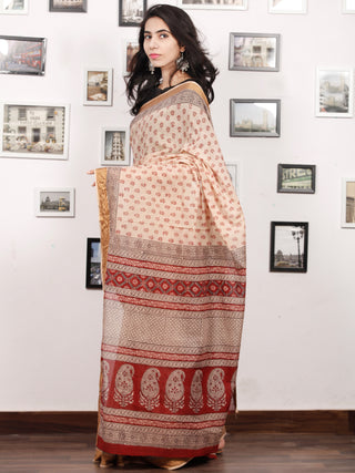Beige Maroon Black Bagh Printed Maheshwari Cotton Saree - S031703305