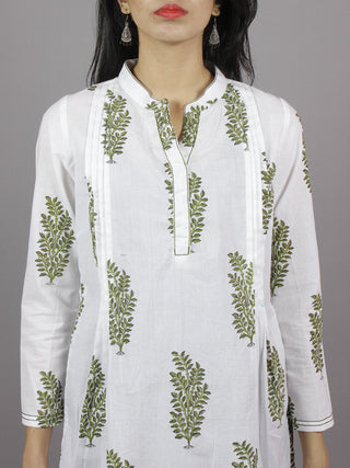 White Olive & Parrot Green Hand Block Printed Kurti With Stand Collar And Side Slit - K661901