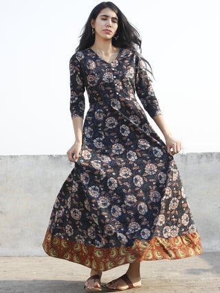 Black Indigo Rust Hand Block Printed Long  Tie-Up Back Waist Dress - D162F1140