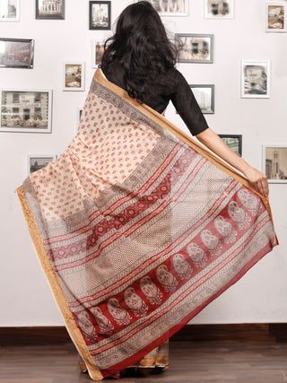 Beige Maroon Black Bagh Printed Maheshwari Cotton Saree - S031703305