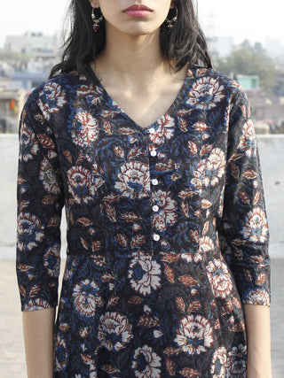 Black Indigo Rust Hand Block Printed Long  Tie-Up Back Waist Dress - D162F1140