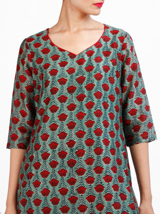 Rose Garden - Dark Green Maroon Chanderi  Kurta & Pants Sets  - Set of 2  - SS01F1925