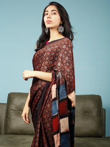Black Maroon Beige Indigo Ajrakh Hand Block Printed Modal Silk Saree in Natural Colors - S031703346