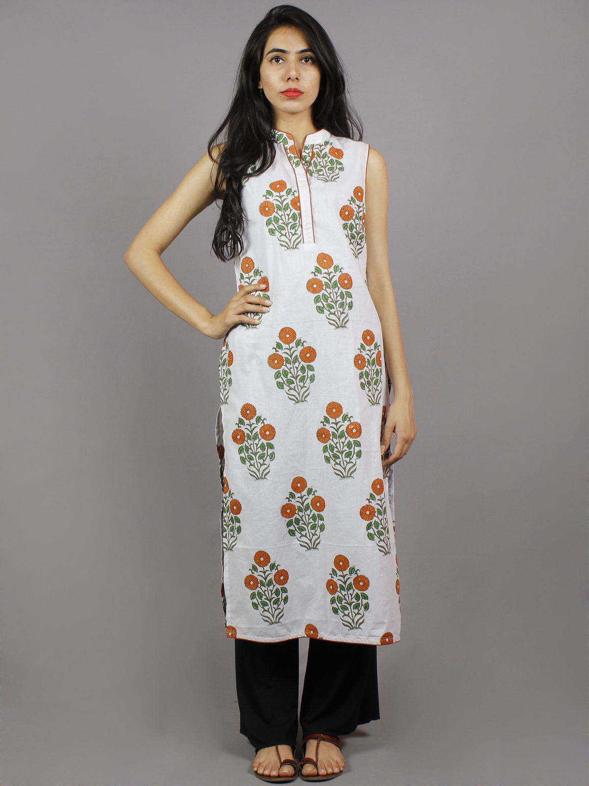 White Orange Olive & Parrot Green Hand Block Printed Kurti With Stand Collar And Side Slit - K326001