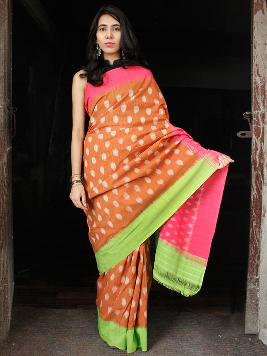 Peanut Brown Pink Green Double Ikat Handwoven Cotton Saree With Ganga Jamuna Border - S031703647