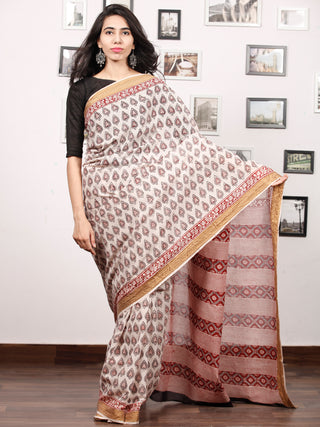 Beige Maroon Black Bagh Printed Maheshwari Cotton Saree - S031703306