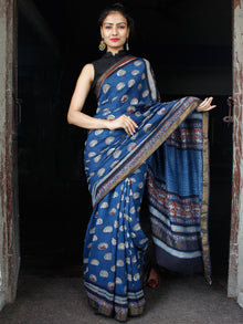 Indigo Rust Ivory Hand Block Printed Handwoven Linen Saree With Zari Border - S031703591