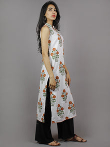 White Orange Olive & Parrot Green Hand Block Printed Kurti With Stand Collar And Side Slit - K326001