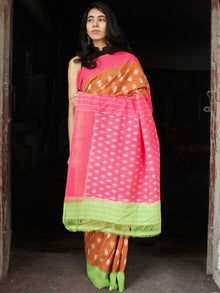 Peanut Brown Pink Green Double Ikat Handwoven Cotton Saree With Ganga Jamuna Border - S031703647