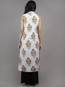 White Orange Olive & Parrot Green Hand Block Printed Kurti With Stand Collar And Side Slit - K326001